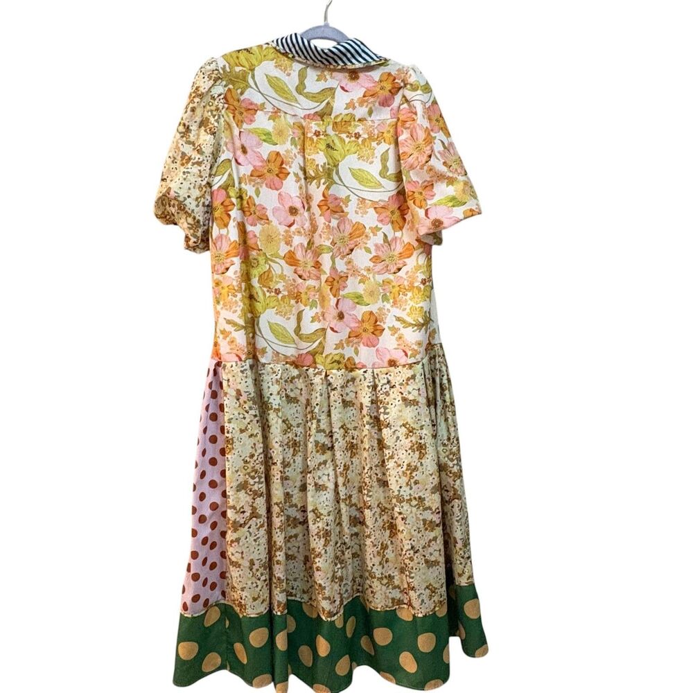 Beulahstyle Shirt Dress Womens Medium Multi Patchwork Puff Sleeve Midi Boho - Picture 3 of 6
